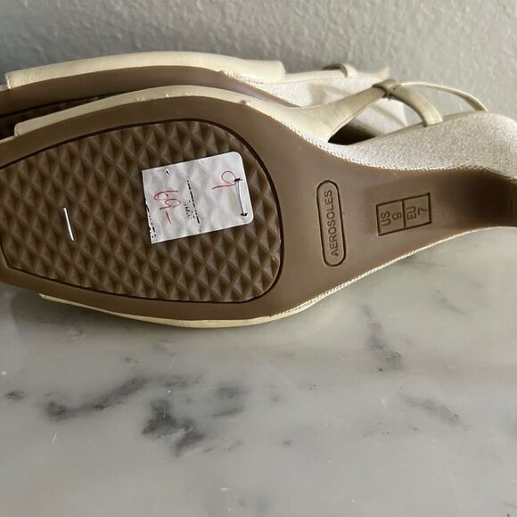 Aerosols Gardenia Sling Back Wedge Heels Fabric Upper Leather Beige Cream New - Picture 9 of 10